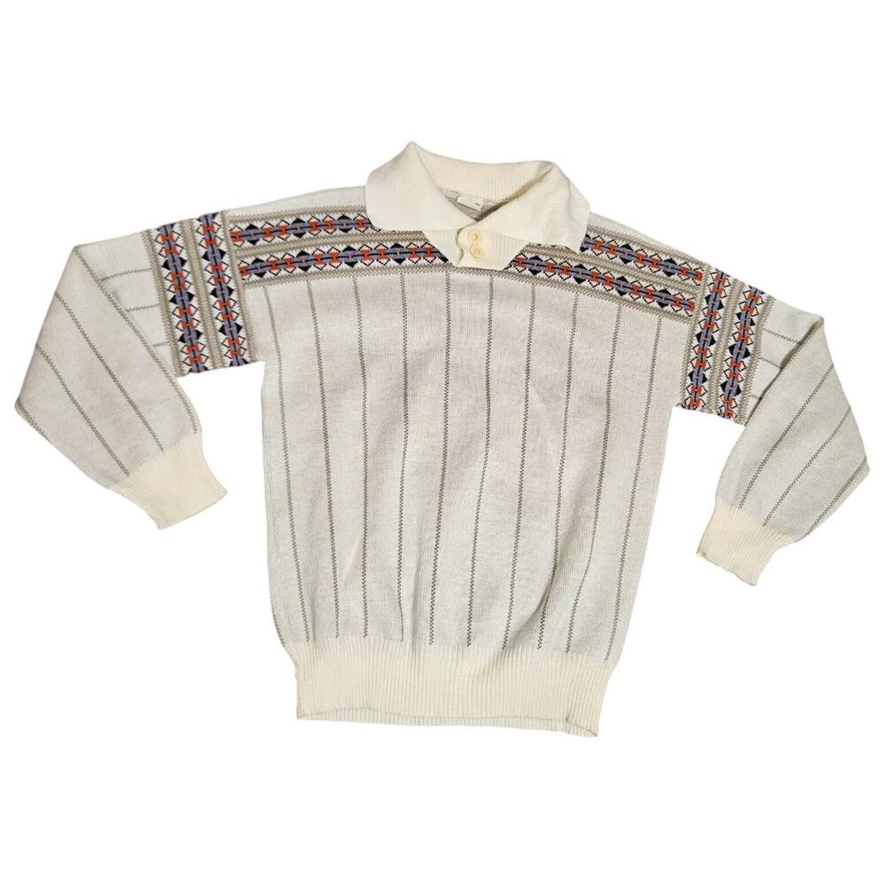 Vtg Bellini Acrylic Sweater Mens S Geometric Striped Creme Orange Blue Collared